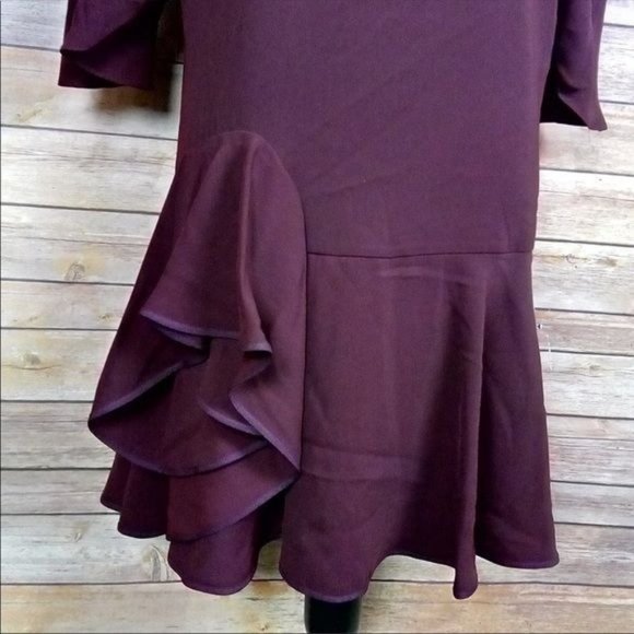 Revolve | Halston Heritage ‘Syrah’ Wine Scoop Neck 3/4 Sleeve Ruffle Mini Dress - Picture 4 of 8